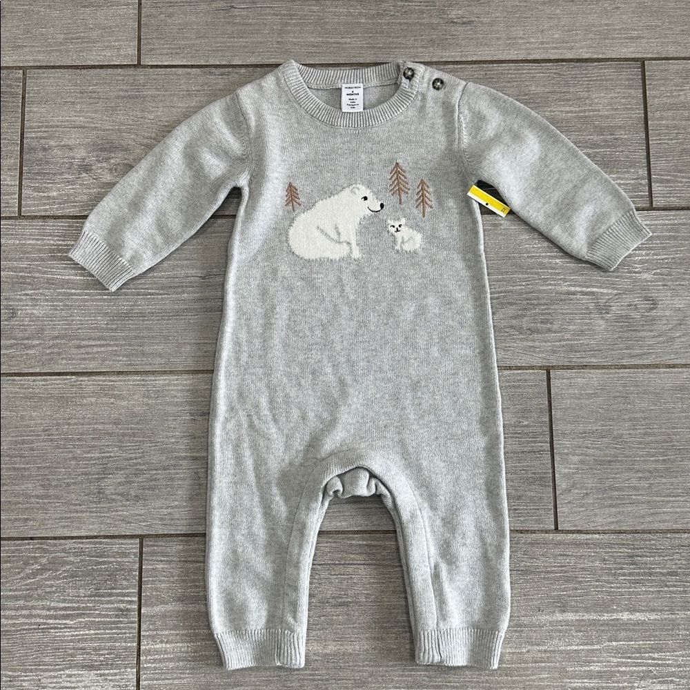 Nordstrom Babies’ Cozy Cotton Intarsia Heather Gray Sweater Bear Romper New! - Picture 2 of 6